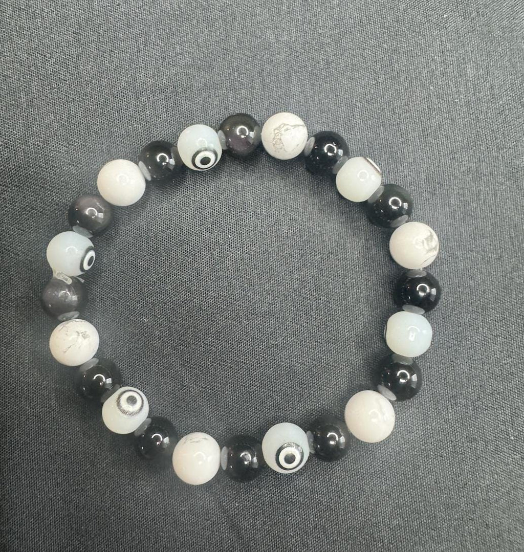 Aura Armor Bracelet • Howlite • Black Onyx • Obsidian • Evil Eye Beads for Protection, Grounding, and Transformation
