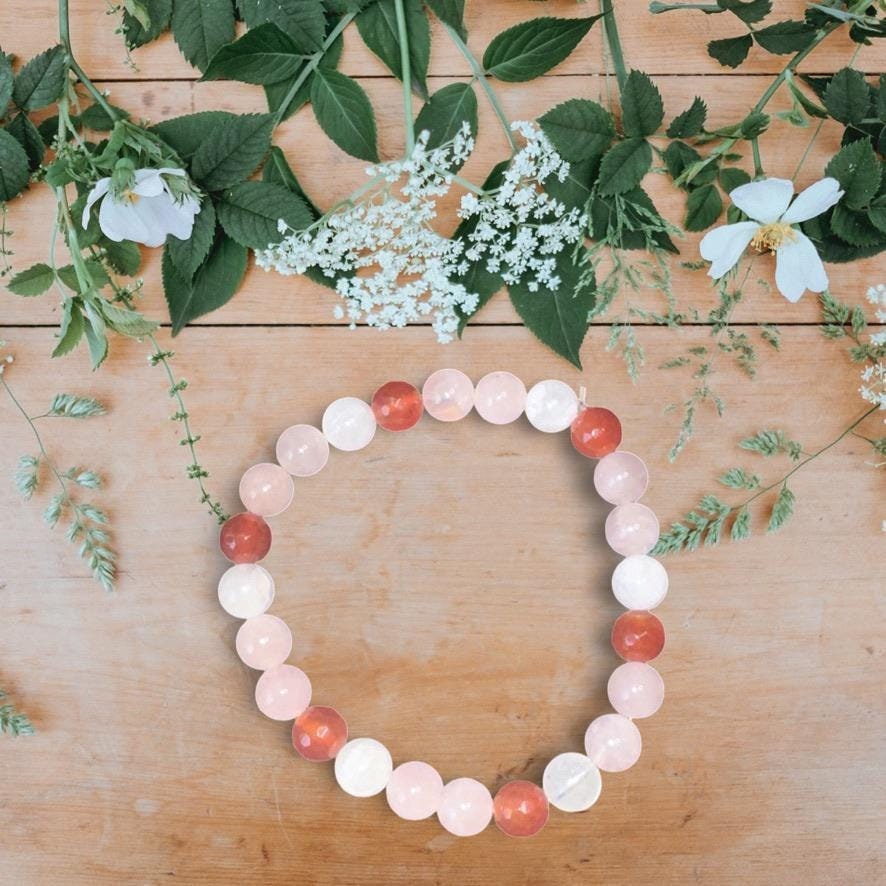 The Love Charm, A Manifestation Bracelet for Romance, Passion & Divine Connection, Rose Quartz, Carnelian, Rainbow Moonstone