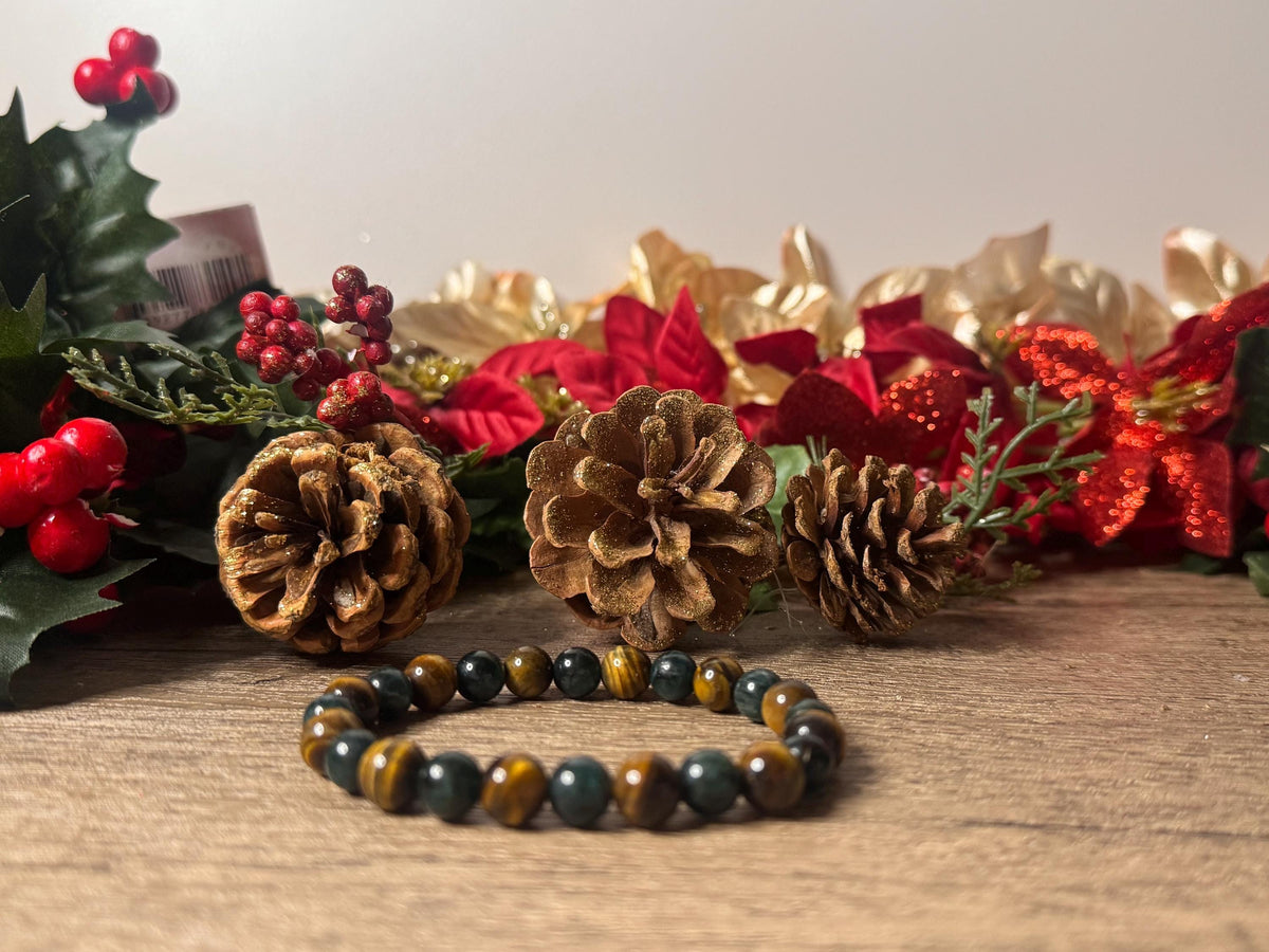 Prosperity Path Bracelet • Tiger’s Eye • Pyrite with Green Jade Inclusions for Abundance, Confidence, and Grounded Success