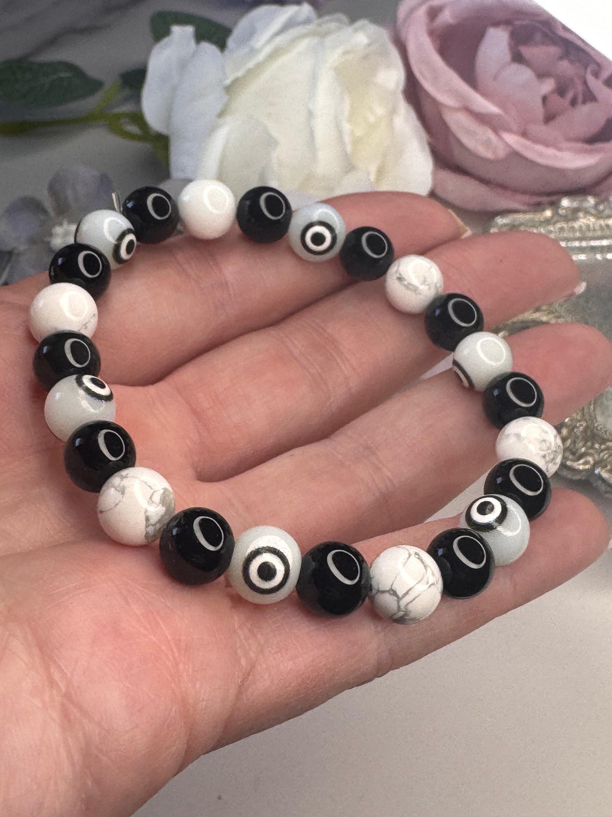 Aura Armor Bracelet • Howlite • Black Onyx • Obsidian • Evil Eye Beads for Protection, Grounding, and Transformation