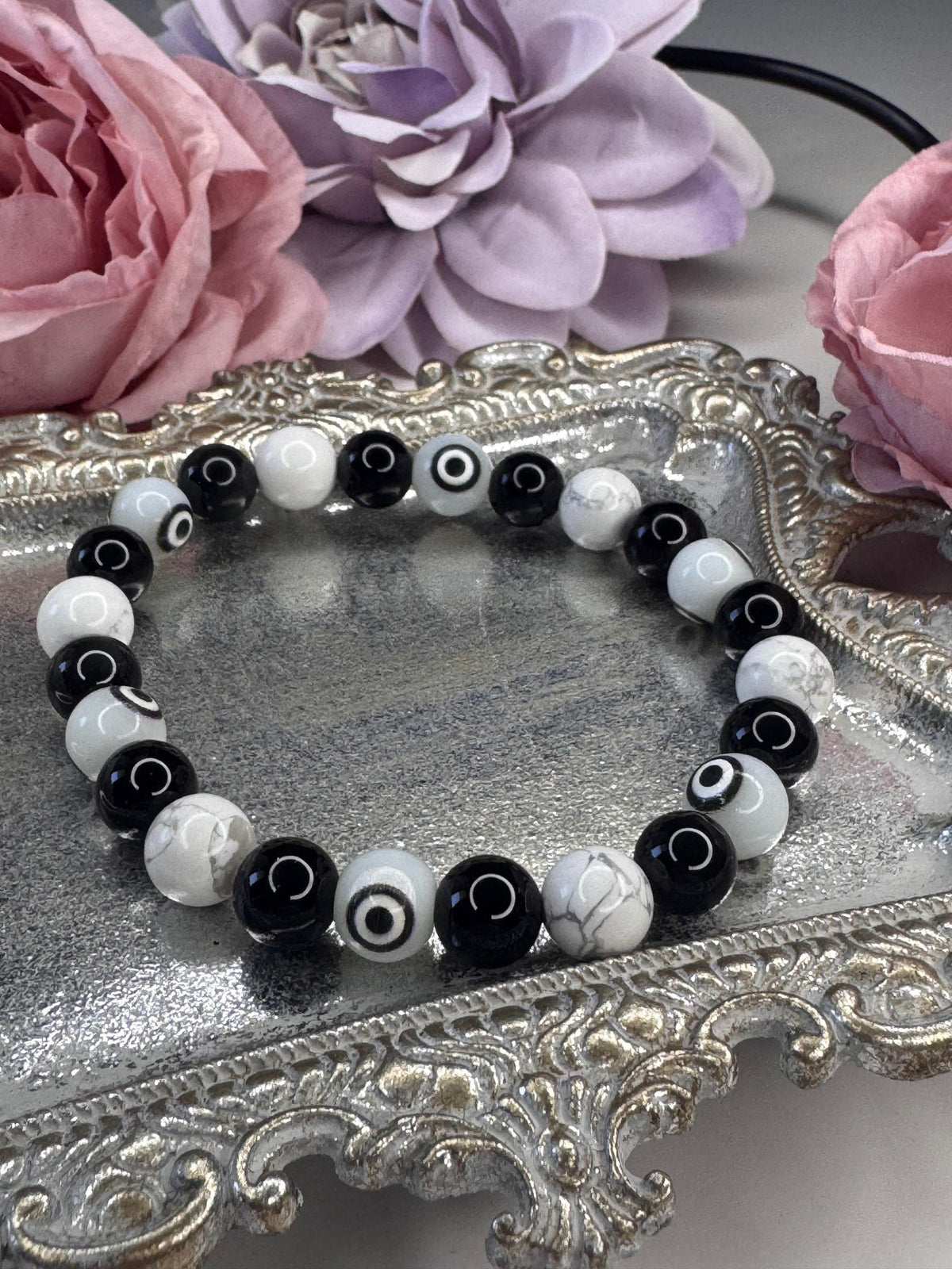 Aura Armor Bracelet • Howlite • Black Onyx • Obsidian • Evil Eye Beads for Protection, Grounding, and Transformation