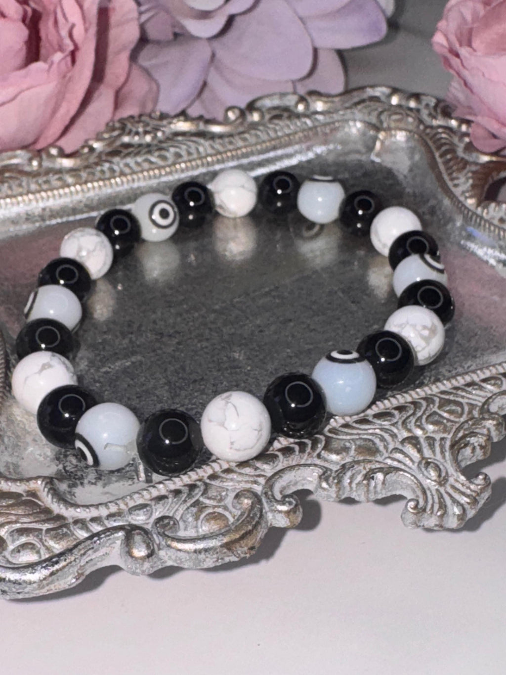 Aura Armor Bracelet • Howlite • Black Onyx • Obsidian • Evil Eye Beads for Protection, Grounding, and Transformation