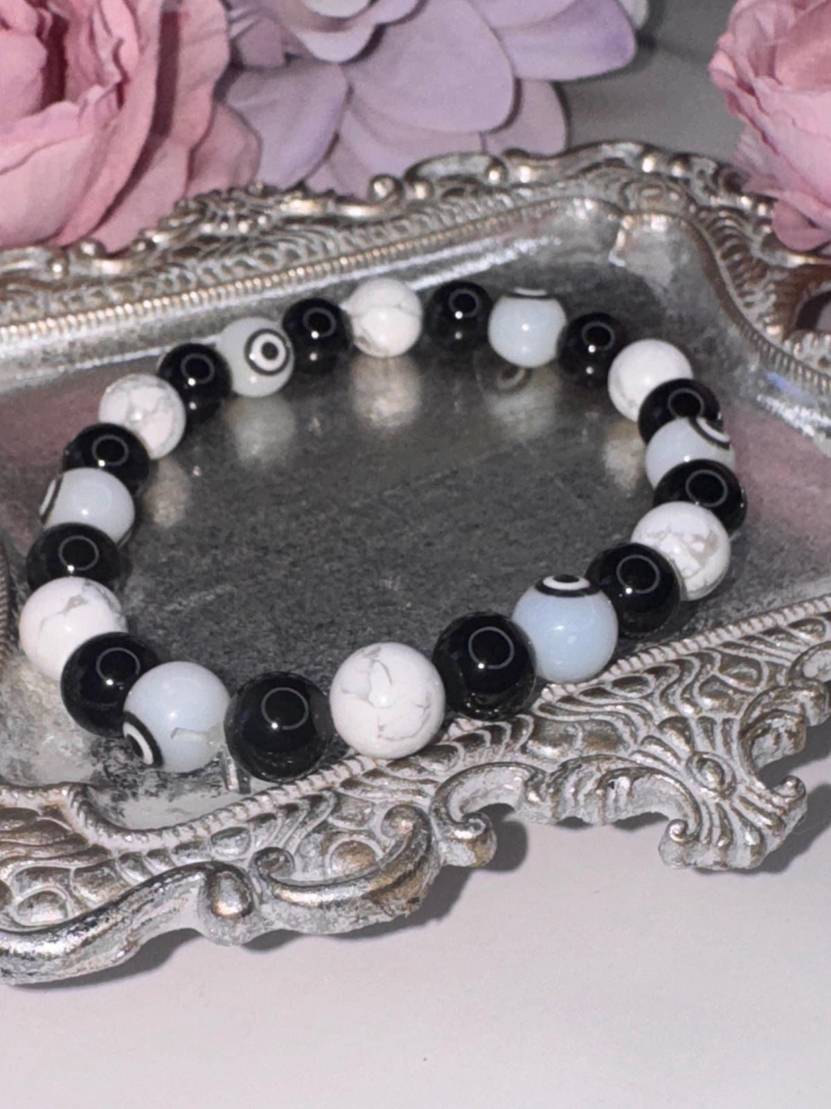 Aura Armor Bracelet • Howlite • Black Onyx • Obsidian • Evil Eye Beads for Protection, Grounding, and Transformation