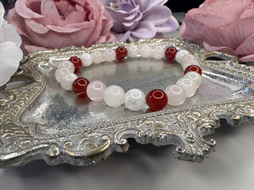 The Love Charm, A Manifestation Bracelet for Romance, Passion & Divine Connection, Rose Quartz, Carnelian, Rainbow Moonstone