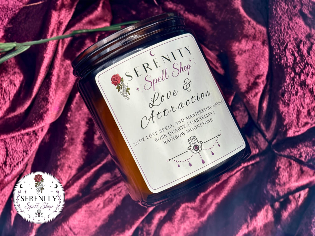 Love & Attraction Ritual Candle | Rose Quartz and Carnelian Crystal, Romance Ritual, Soy Wax