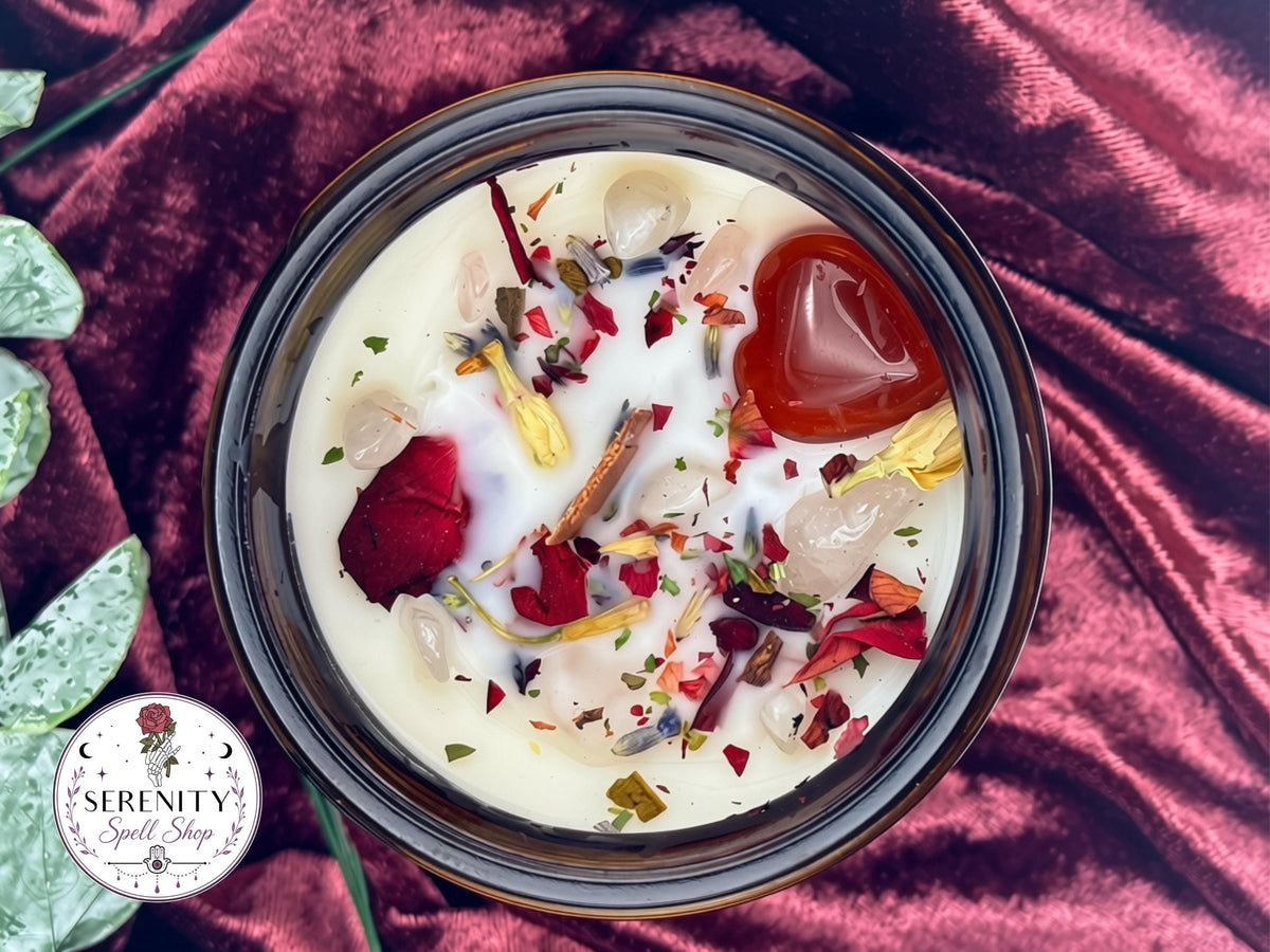 Love & Attraction Ritual Candle | Rose Quartz and Carnelian Crystal, Romance Ritual, Soy Wax