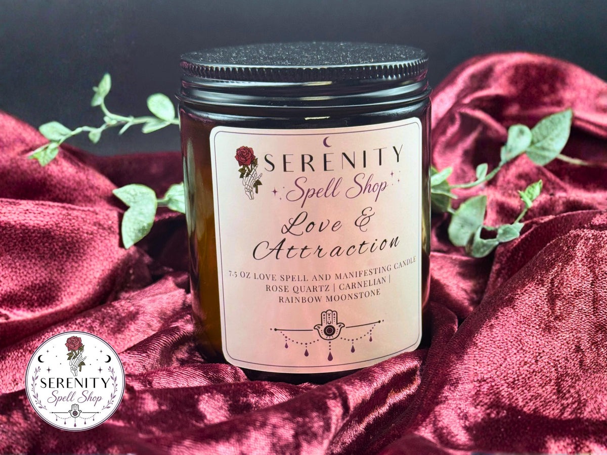 Love & Attraction Ritual Candle | Rose Quartz and Carnelian Crystal, Romance Ritual, Soy Wax