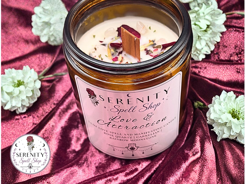 Love & Attraction Ritual Candle | Rose Quartz and Carnelian Crystal, Romance Ritual, Soy Wax