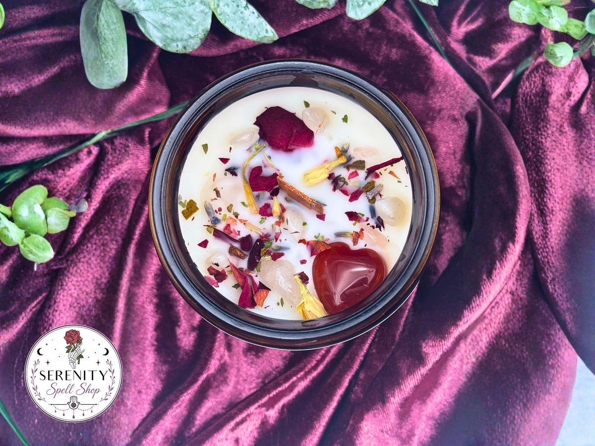 Love & Attraction Ritual Candle | Rose Quartz and Carnelian Crystal, Romance Ritual, Soy Wax