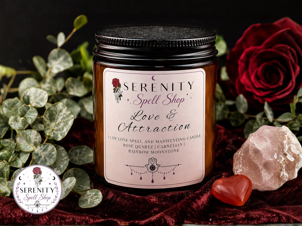 Love & Attraction Ritual Candle | Rose Quartz and Carnelian Crystal, Romance Ritual, Soy Wax