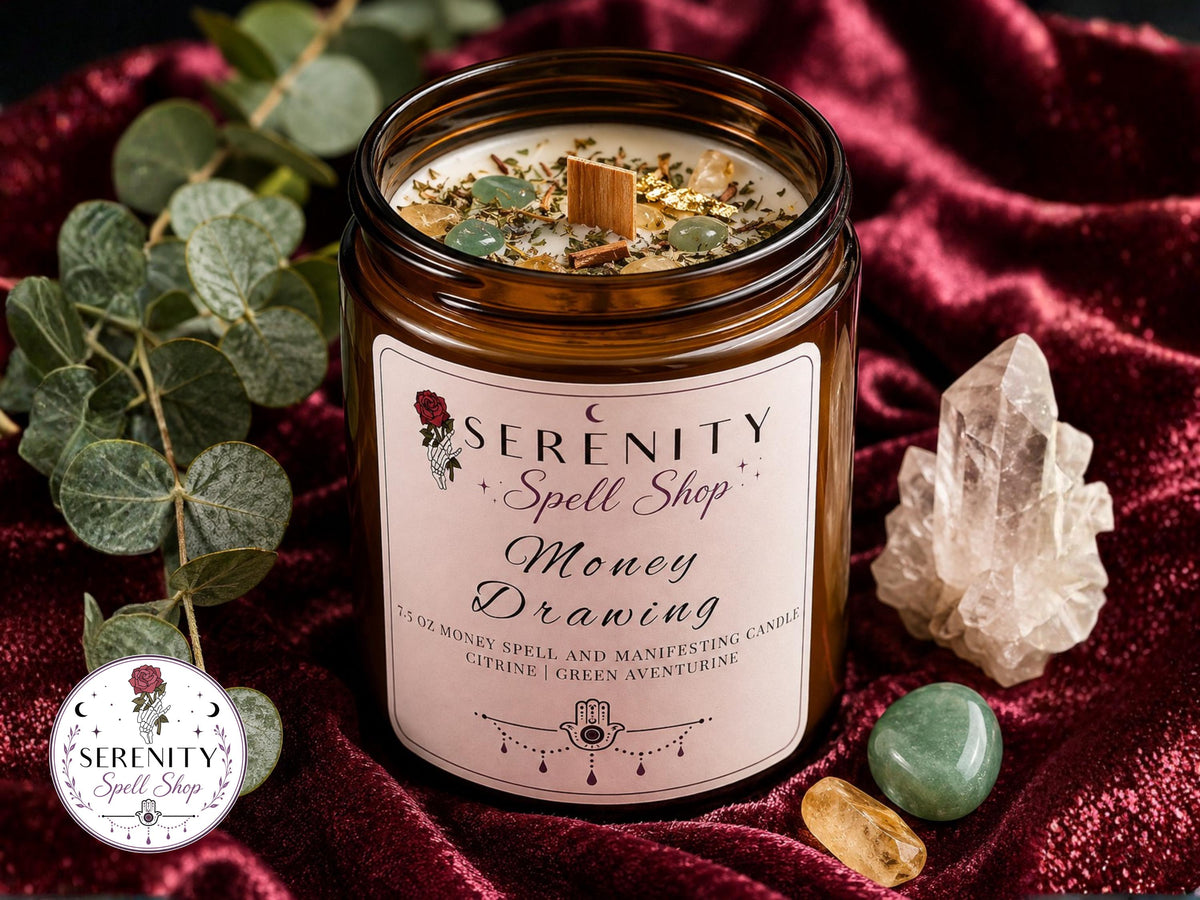Money Drawing Crystal Candle, Prosperity Spell Candle with Green Aventurine, Tiger’s Eye, Wealth Manifestation Candle