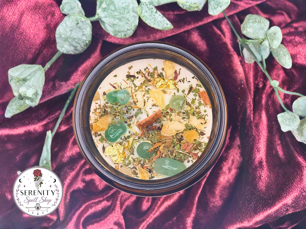 Money Drawing Crystal Candle, Prosperity Spell Candle with Green Aventurine, Tiger’s Eye, Wealth Manifestation Candle