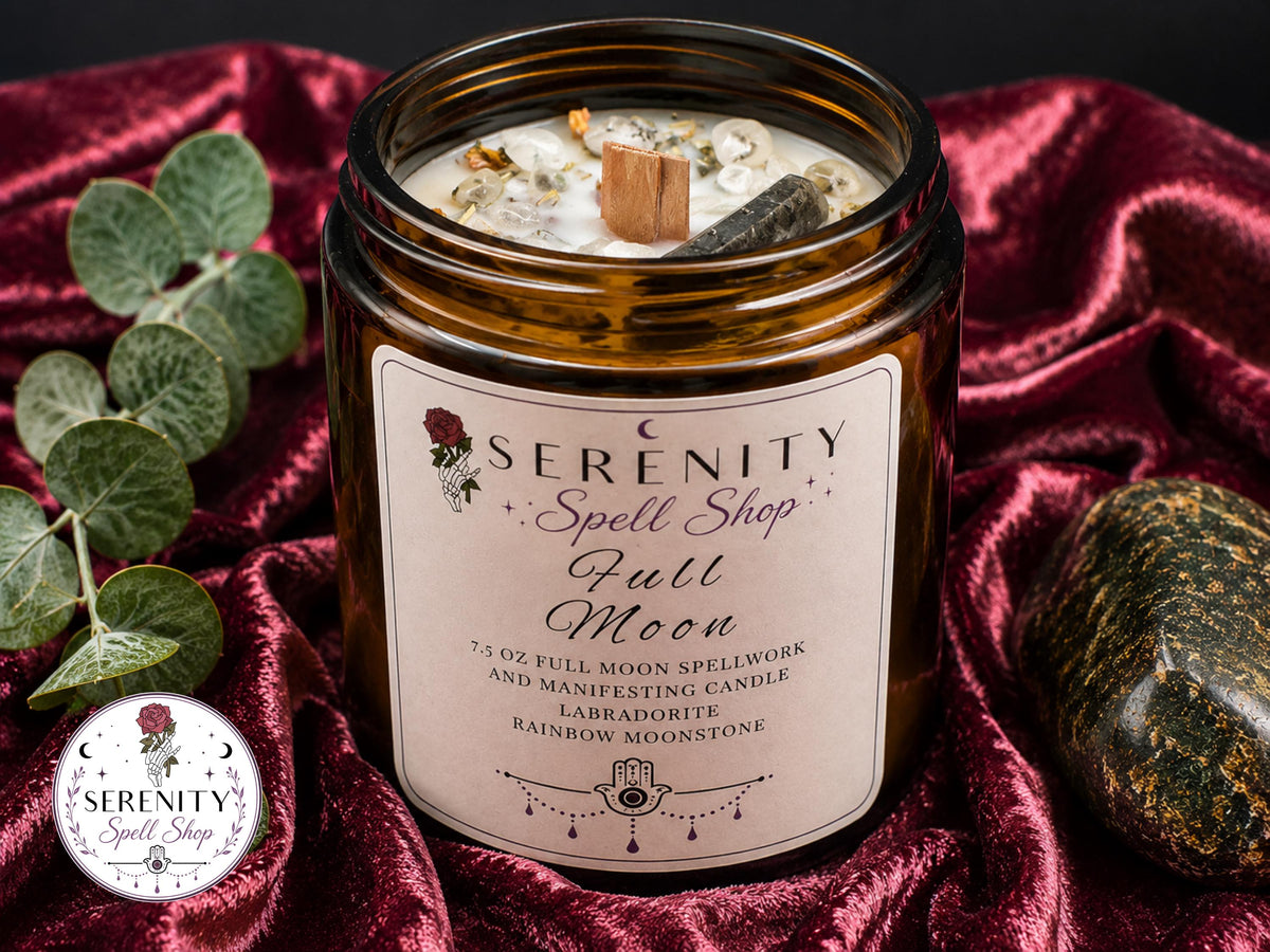 Full Moon Ritual Candle, Crystal Intention Candle with Labradorite & Moonstone, Witchy Manifestation Candle for Lunar Magic, Spiritual Gifts