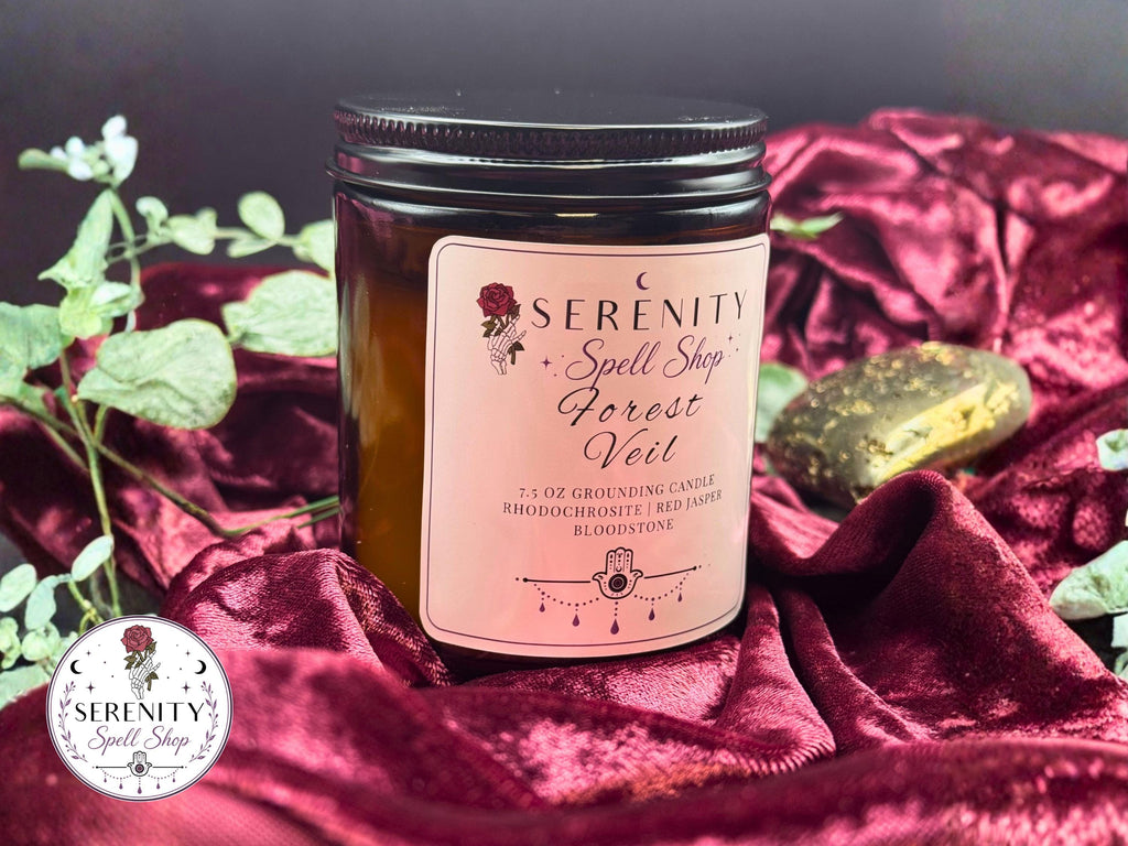 Forest Veil – Fall Ritual Candle for Grounding, Earth Magic & Seasonal Transitions |Bloodstone, Rhodochrosite, and Red Jasper