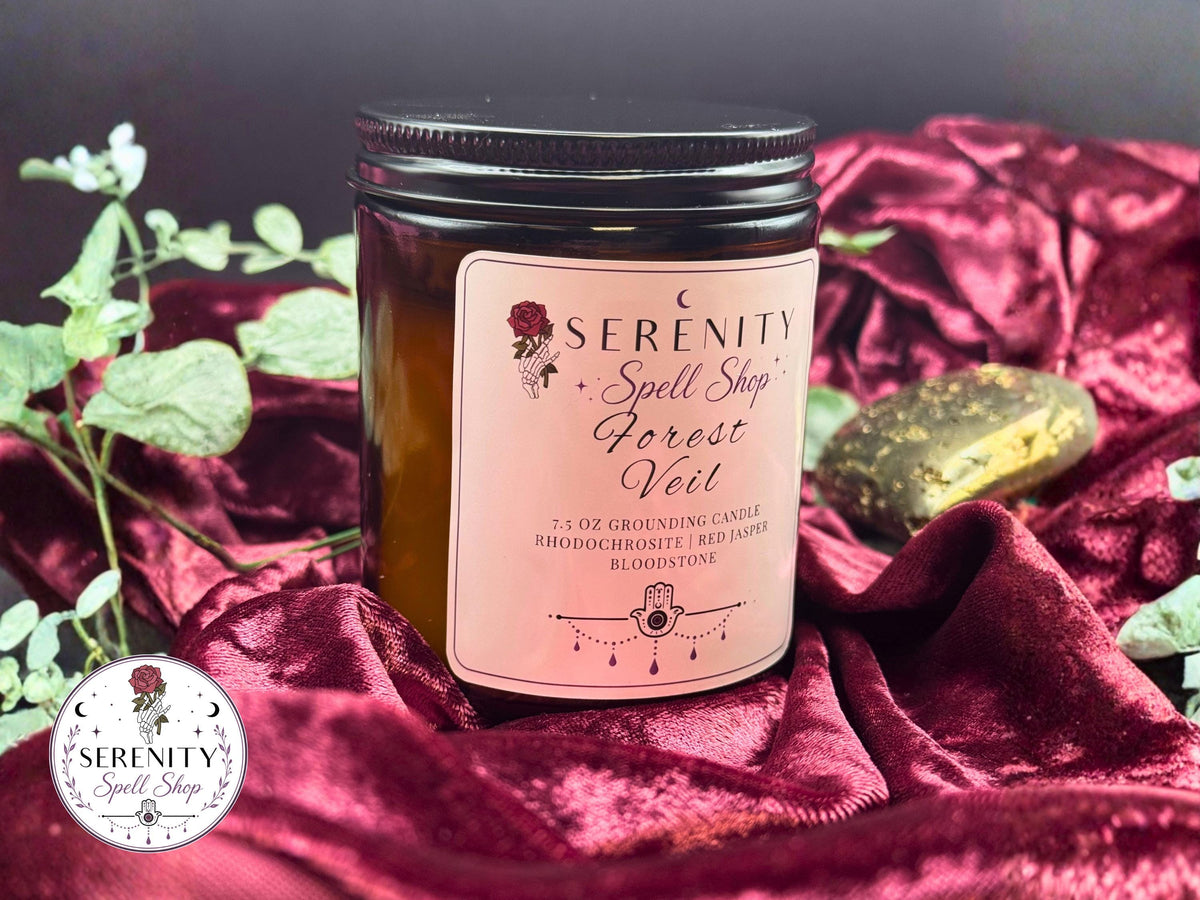 Forest Veil – Fall Ritual Candle for Grounding, Earth Magic & Seasonal Transitions |Bloodstone, Rhodochrosite, and Red Jasper