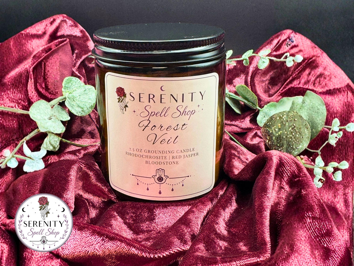 Forest Veil – Fall Ritual Candle for Grounding, Earth Magic & Seasonal Transitions |Bloodstone, Rhodochrosite, and Red Jasper