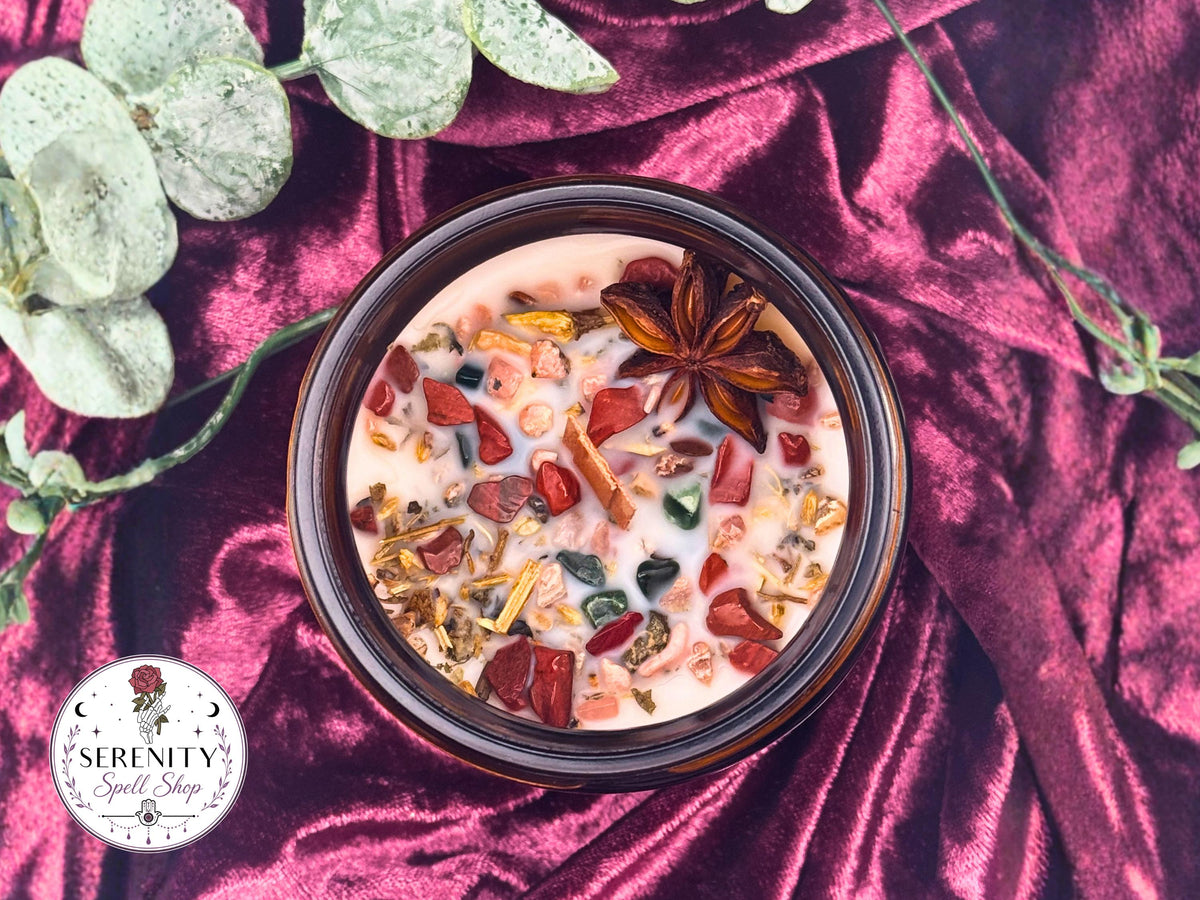 Forest Veil – Fall Ritual Candle for Grounding, Earth Magic & Seasonal Transitions |Bloodstone, Rhodochrosite, and Red Jasper
