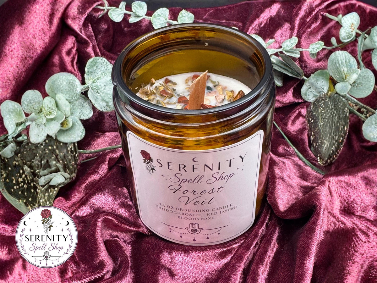 Forest Veil – Fall Ritual Candle for Grounding, Earth Magic & Seasonal Transitions |Bloodstone, Rhodochrosite, and Red Jasper