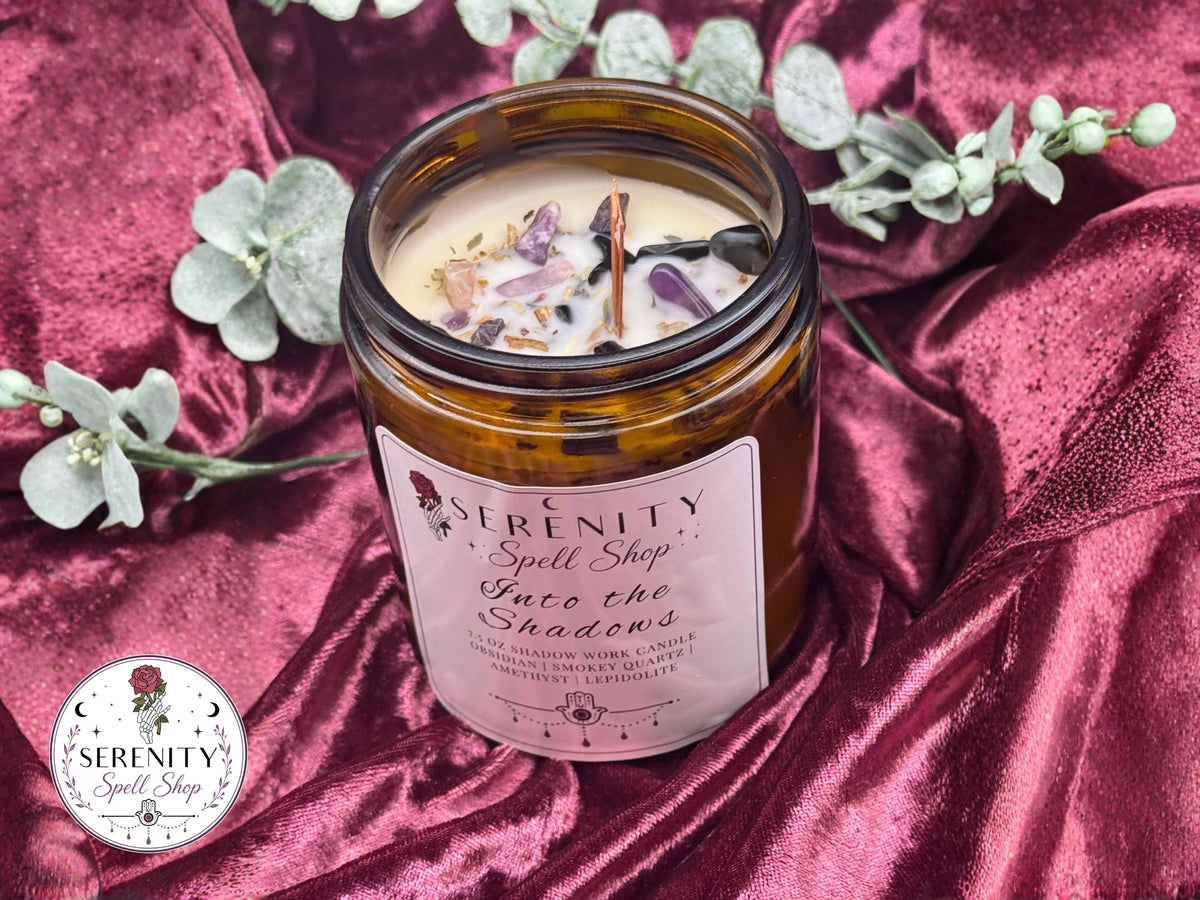 Into the Shadows – Shadow Work Ritual Candle for Protection, Transformation & Healing , Obsidian, Smokey Quartz, Amethyst, Lepidolite