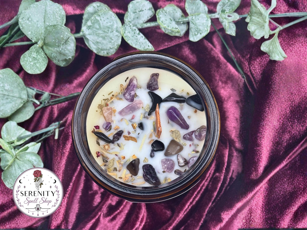 Into the Shadows – Shadow Work Ritual Candle for Protection, Transformation & Healing , Obsidian, Smokey Quartz, Amethyst, Lepidolite