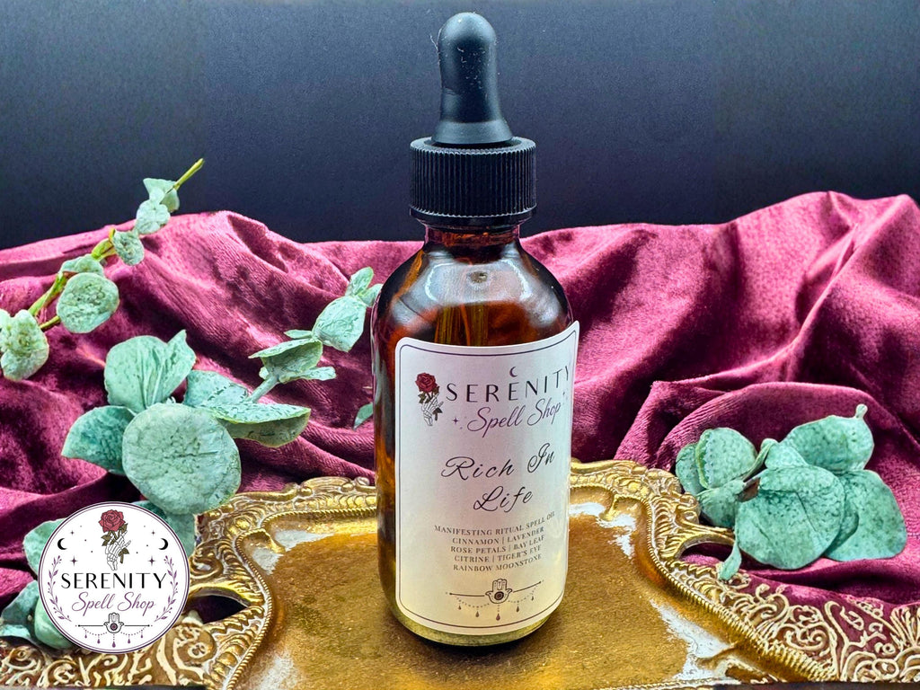 Rich in Life Ritual Oil – Citrine, Tiger’s Eye, Rainbow Moonstone Blend (10ML or 2 oz)