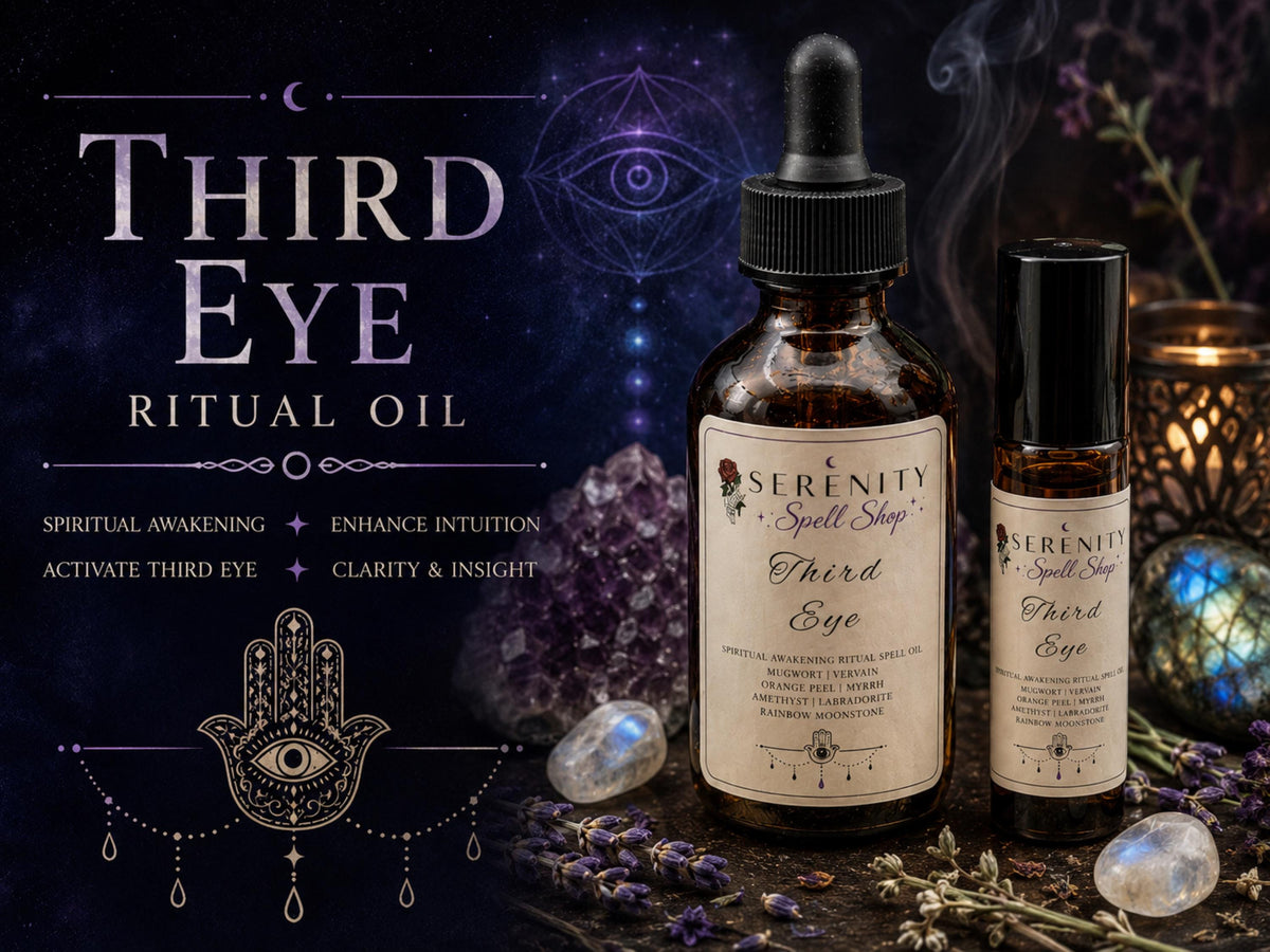 Third Eye Ritual Oil – Spiritual Awakening, Intuition, Psychic Awareness | Amethyst, Labradorite, Rainbow Moonstone | Mugwort, Vervain Myrrh