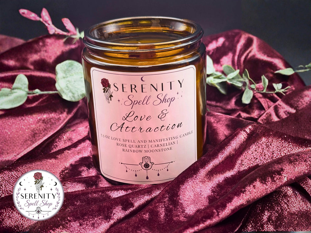 Love & Attraction Ritual Candle | Rose Quartz and Carnelian Crystal, Romance Ritual, Soy Wax