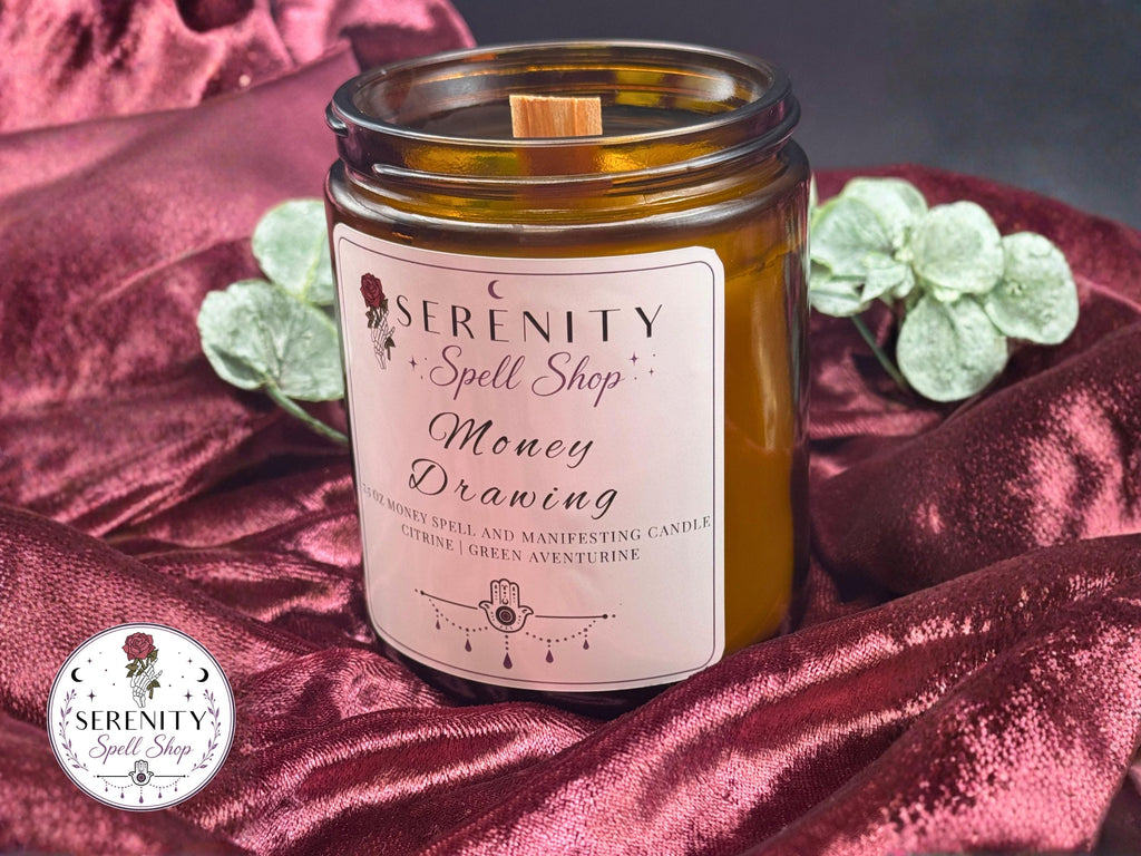 Money Drawing Crystal Candle, Prosperity Spell Candle with Green Aventurine, Tiger’s Eye, Wealth Manifestation Candle