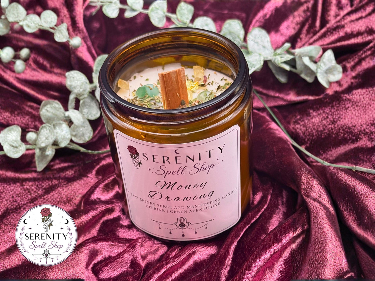 Money Drawing Crystal Candle, Prosperity Spell Candle with Green Aventurine, Tiger’s Eye, Wealth Manifestation Candle