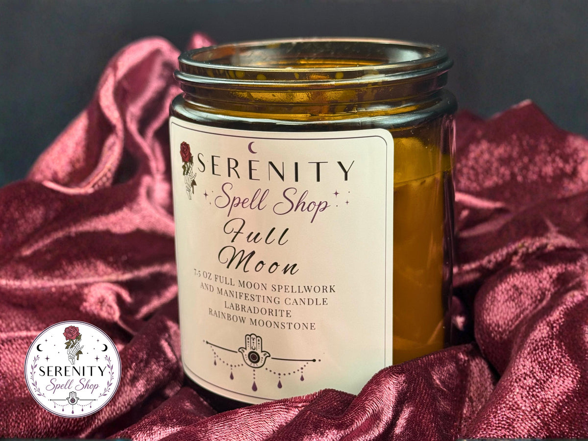 Full Moon Ritual Candle, Crystal Intention Candle with Labradorite & Moonstone, Witchy Manifestation Candle for Lunar Magic, Spiritual Gifts