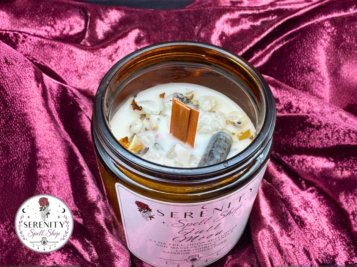 Full Moon Ritual Candle, Crystal Intention Candle with Labradorite & Moonstone, Witchy Manifestation Candle for Lunar Magic, Spiritual Gifts