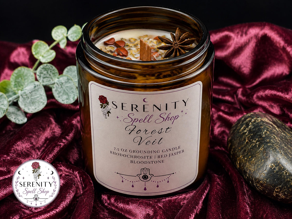 Forest Veil – Fall Ritual Candle for Grounding, Earth Magic & Seasonal Transitions |Bloodstone, Rhodochrosite, and Red Jasper