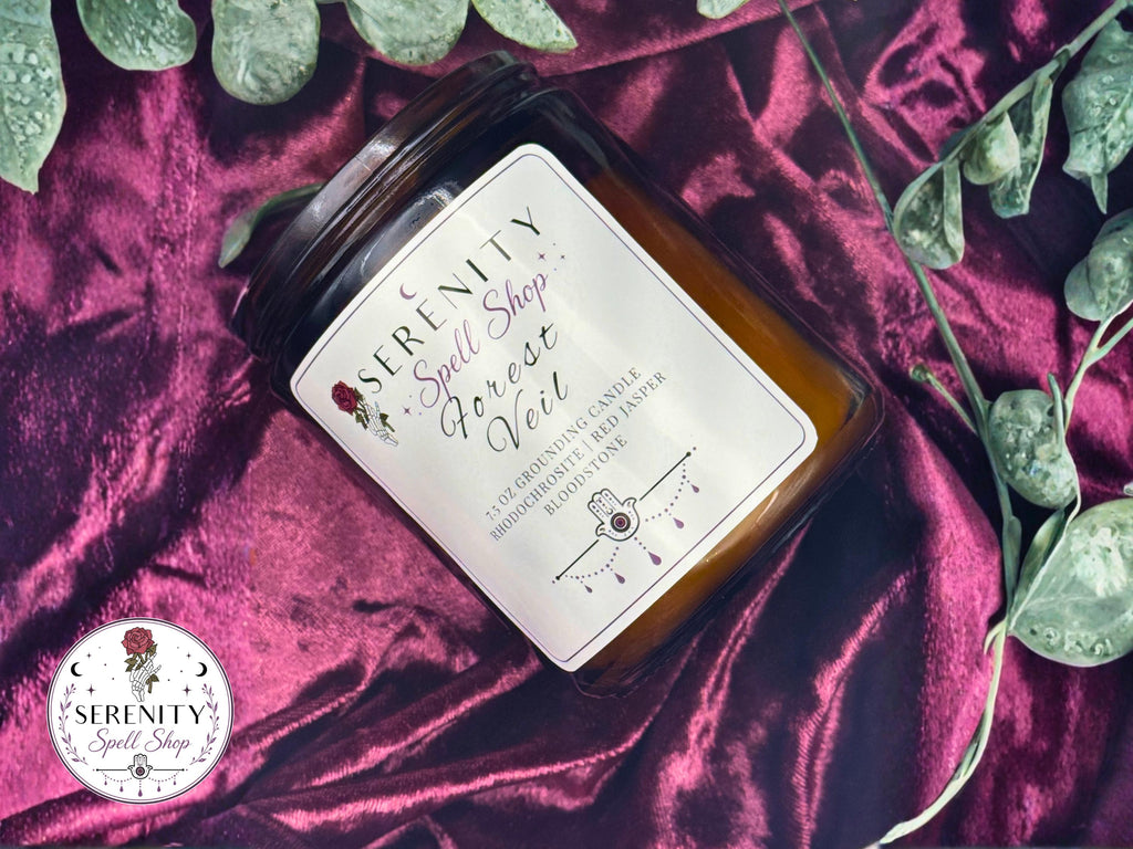 Forest Veil – Fall Ritual Candle for Grounding, Earth Magic & Seasonal Transitions |Bloodstone, Rhodochrosite, and Red Jasper