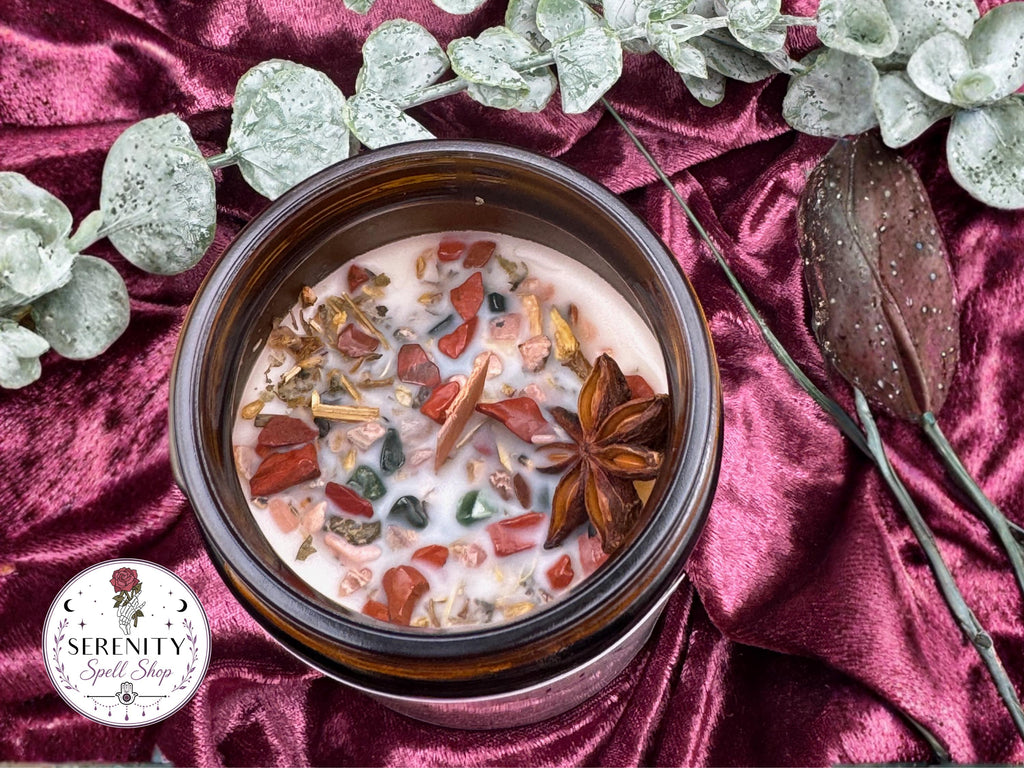 Forest Veil – Fall Ritual Candle for Grounding, Earth Magic & Seasonal Transitions |Bloodstone, Rhodochrosite, and Red Jasper