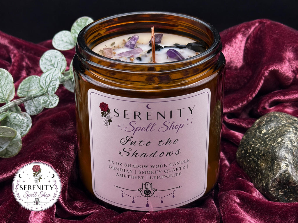 Into the Shadows – Shadow Work Ritual Candle for Protection, Transformation & Healing , Obsidian, Smokey Quartz, Amethyst, Lepidolite