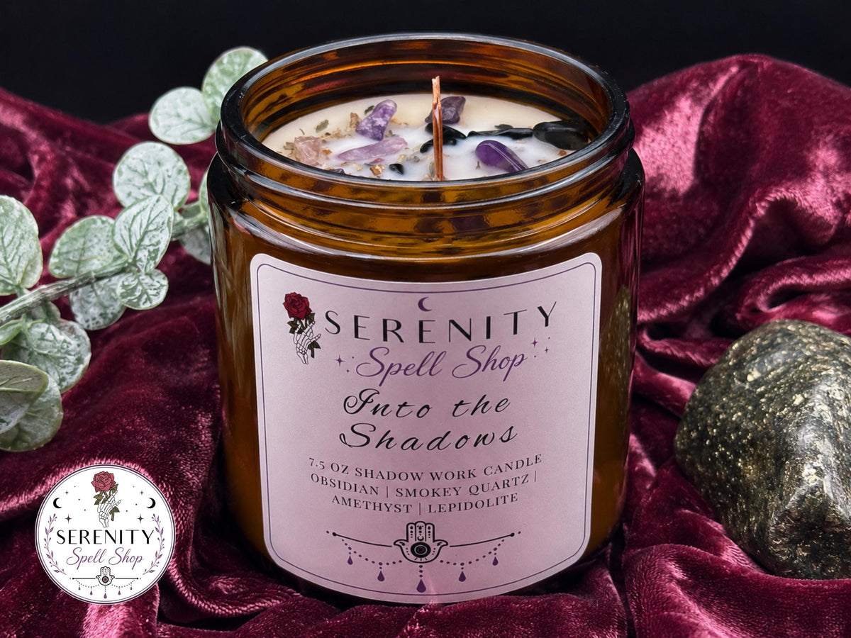 Into the Shadows – Shadow Work Ritual Candle for Protection, Transformation & Healing , Obsidian, Smokey Quartz, Amethyst, Lepidolite