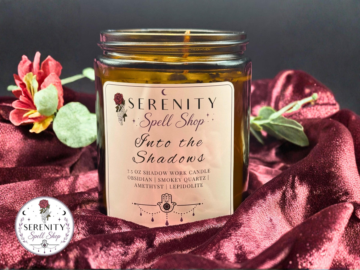 Into the Shadows – Shadow Work Ritual Candle for Protection, Transformation & Healing , Obsidian, Smokey Quartz, Amethyst, Lepidolite