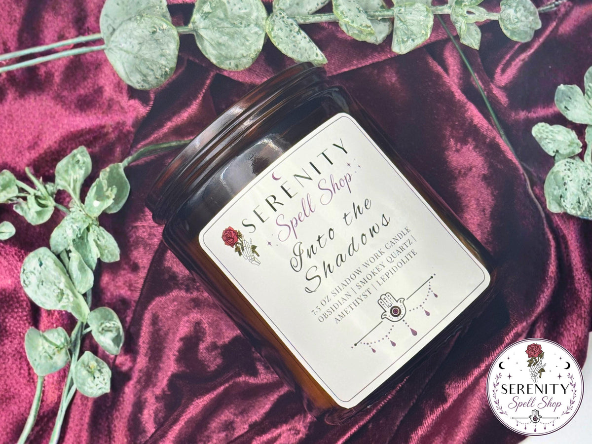 Into the Shadows – Shadow Work Ritual Candle for Protection, Transformation & Healing , Obsidian, Smokey Quartz, Amethyst, Lepidolite