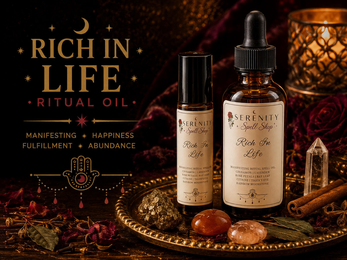 Rich in Life Ritual Oil – Citrine, Tiger’s Eye, Rainbow Moonstone Blend (10ML or 2 oz)
