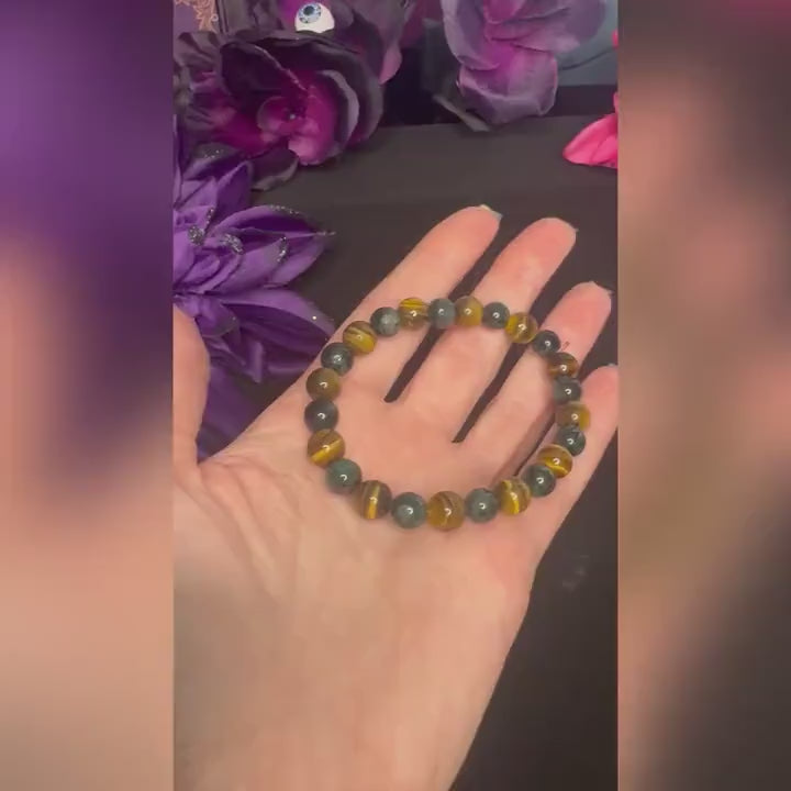 Prosperity Path Bracelet • Tiger’s Eye • Pyrite with Green Jade Inclusions for Abundance, Confidence, and Grounded Success